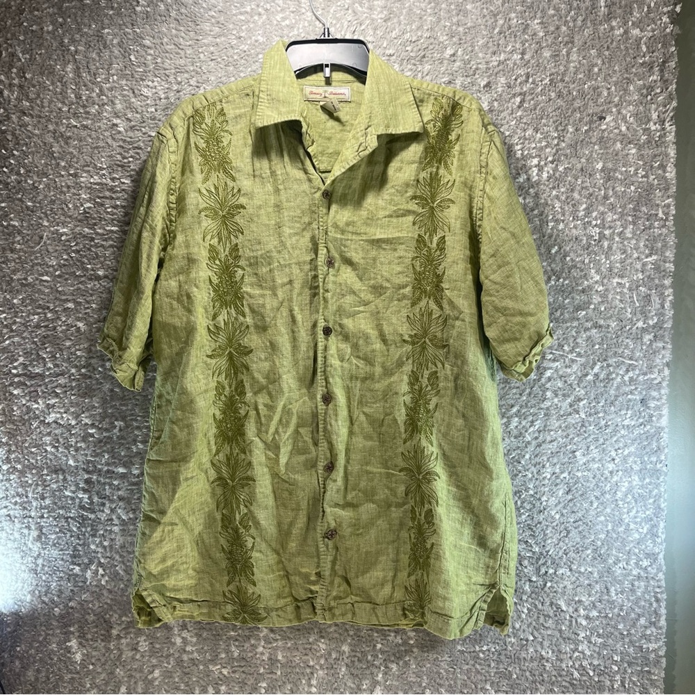 Tommy Bahama Large Green Embroidered Linen Short Sleeve Button Shirt Hawaiian